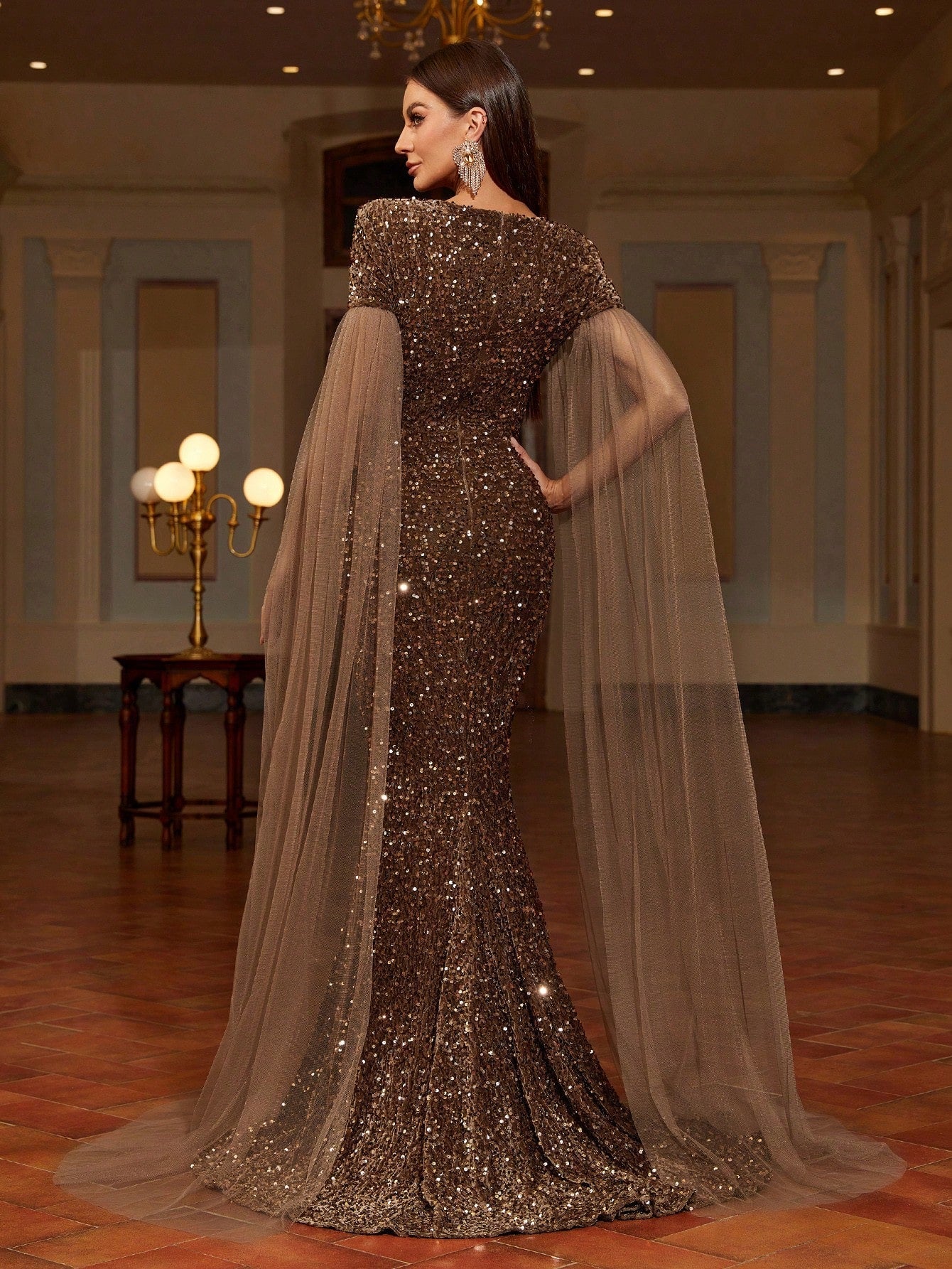 Square Neck Extra-Long Sleeve Sequin Formal Dress