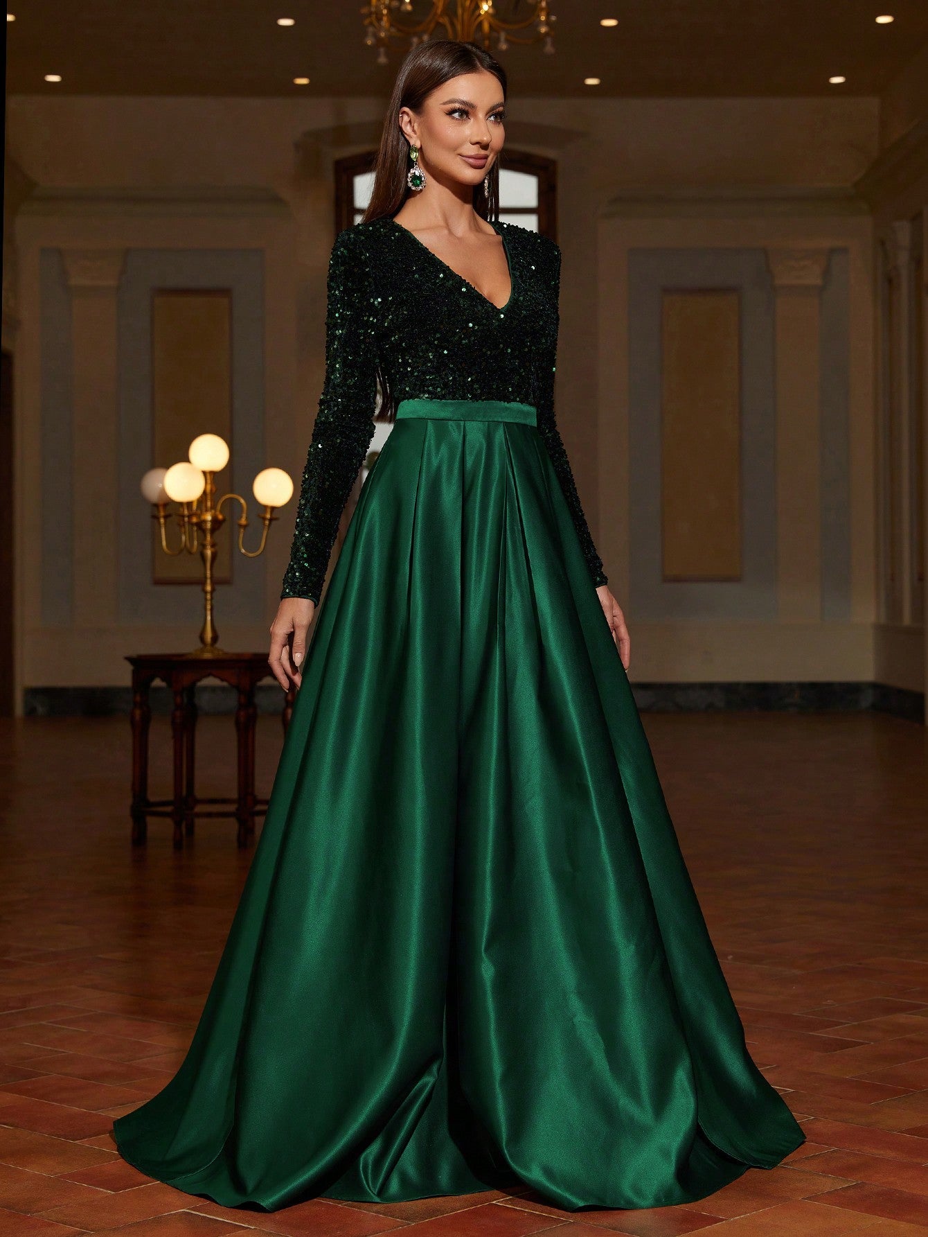 Plunging Neck Contrast Sequin Satin Glittery Dress