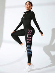 Letter & Pattern Printed Half Zipper Sports Jumpsuit