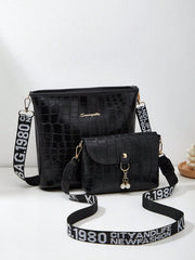 2pcs/Set Fashionable Crocodile Pattern Embossed High Capacity Crossbody Bucket Bag With Letter Strap, Pearl Pendant And Small Solid Color Square Bag