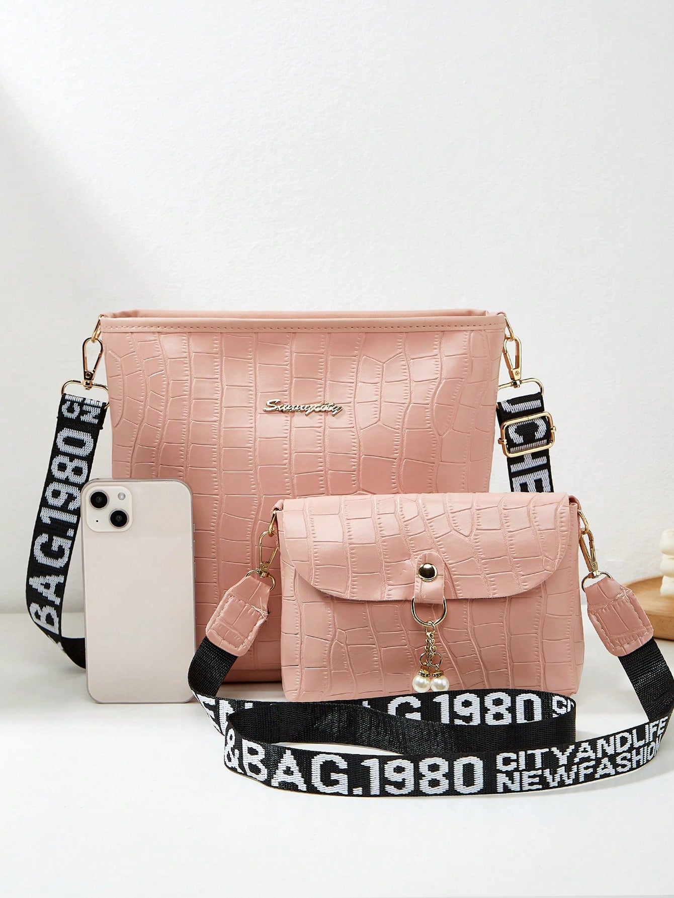 2pcs/Set Fashionable Crocodile Pattern Embossed High Capacity Crossbody Bucket Bag With Letter Strap, Pearl Pendant And Small Solid Color Square Bag