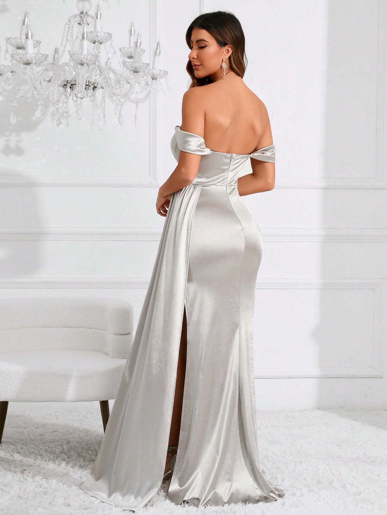 BAE Off Shoulder Draped Split Thigh Satin Party Dress