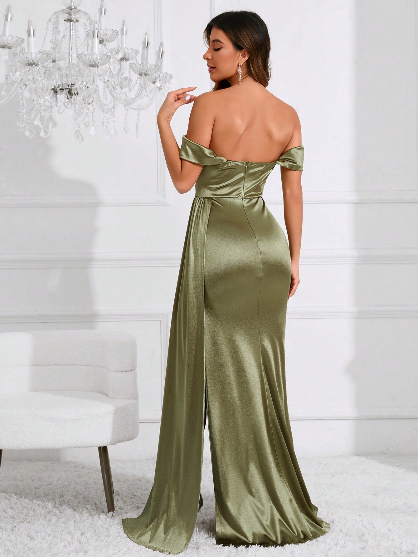 BAE Off Shoulder Draped Split Thigh Satin Party Dress