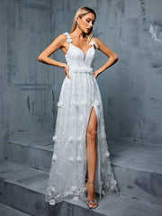 3d Floral Decor Backless Spaghetti Strap Wedding Dress