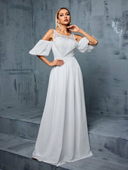 Women's Off-shoulder Puff Sleeve Three-dimensional Lace Decorated Waist Discounted Chiffon A-pulse Wedding Dress