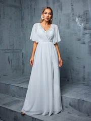 V-neck Lace Decorated Ruched Bodice Flutter Sleeve Chiffon A-line Wedding Dress With Train