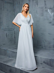 V-neck Lace Decorated Ruched Bodice Flutter Sleeve Chiffon A-line Wedding Dress With Train