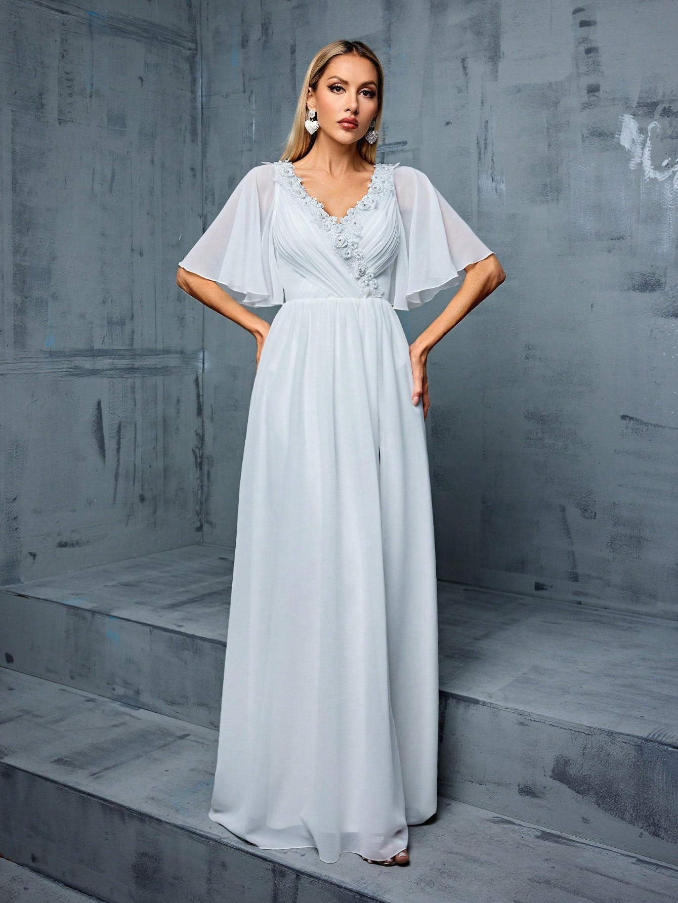 V-neck Lace Decorated Ruched Bodice Flutter Sleeve Chiffon A-line Wedding Dress With Train