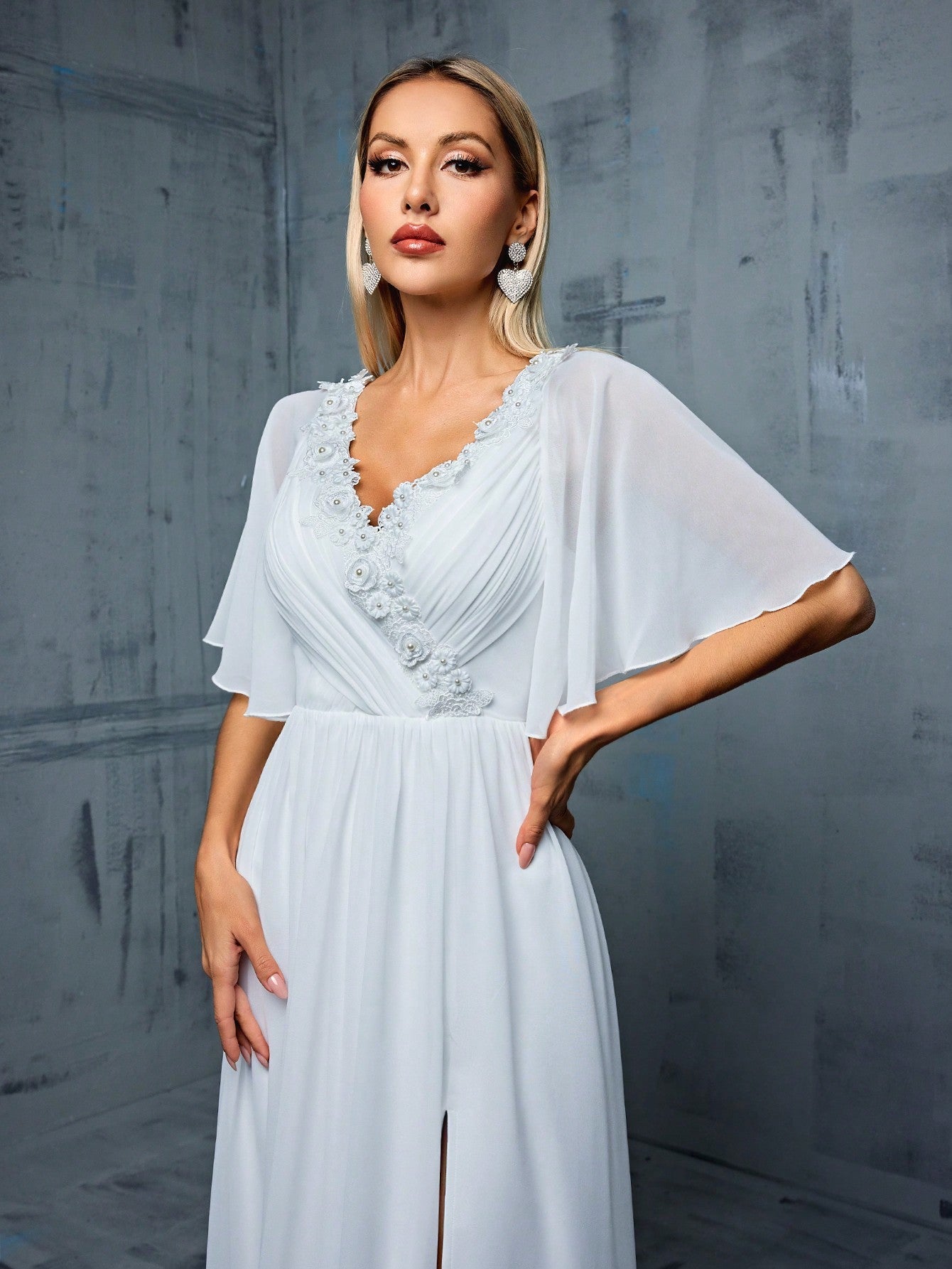 V-neck Lace Decorated Ruched Bodice Flutter Sleeve Chiffon A-line Wedding Dress With Train