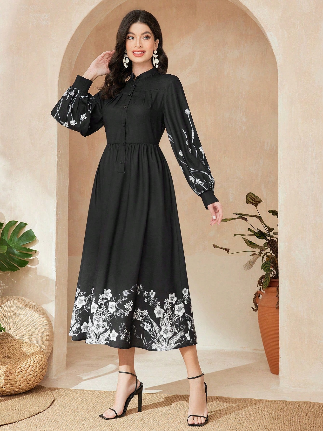 Mulvari Floral Pattern Long Sleeve Dress