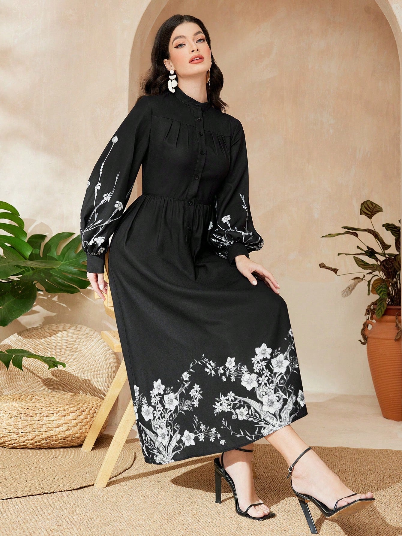 Mulvari Floral Pattern Long Sleeve Dress