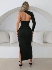 SXY Spring  Clothes Halter Neck One Shoulder Long Sleeve High Slit Women's Tight Long Dress