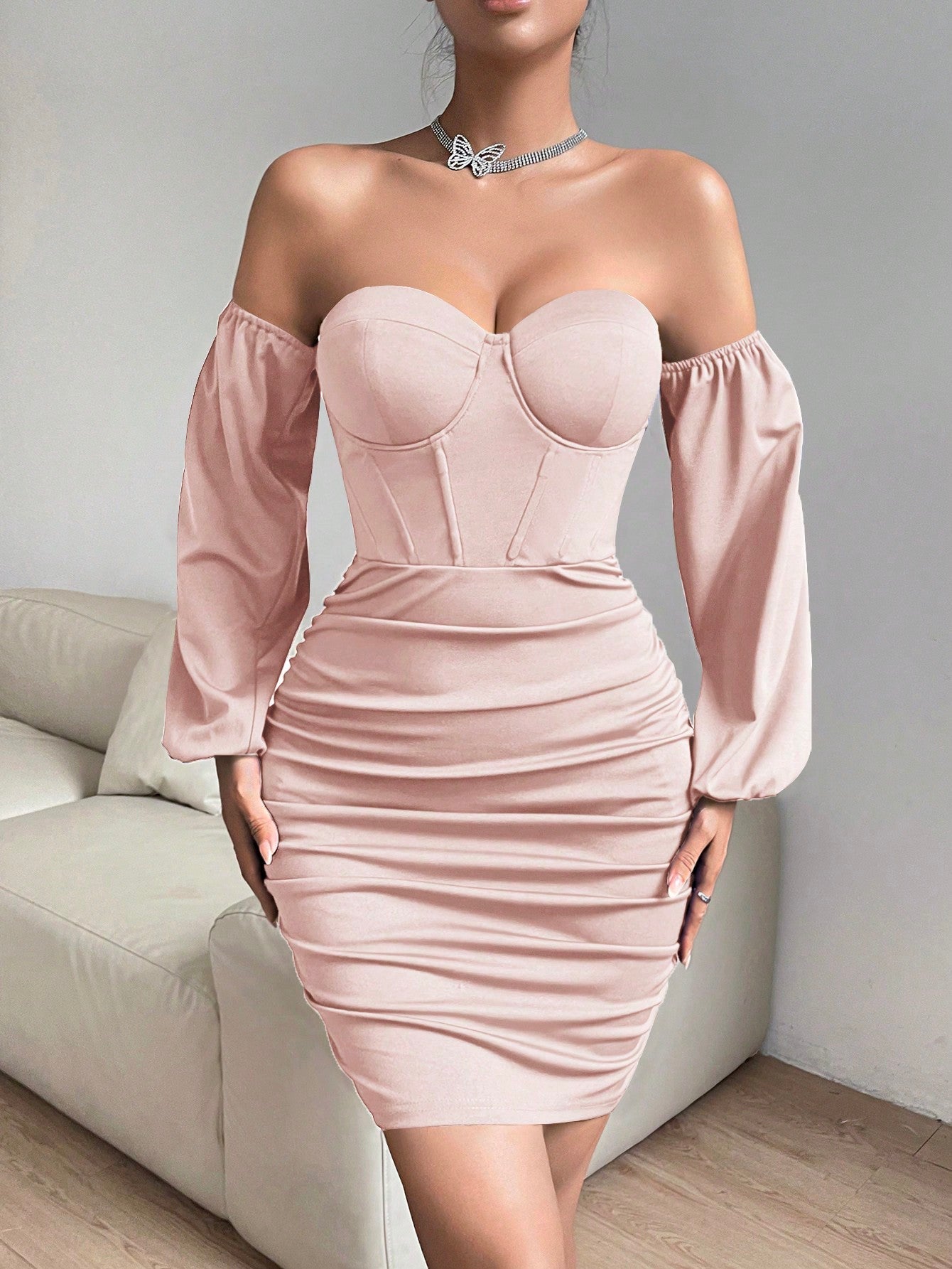 BAE Solid Color Off Shoulder Lantern Sleeve Fitted Pleated Dress