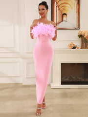 Modphy Women'S Faux Feather Pink Sexy Strapless Slit Long Bandage Evening Dress