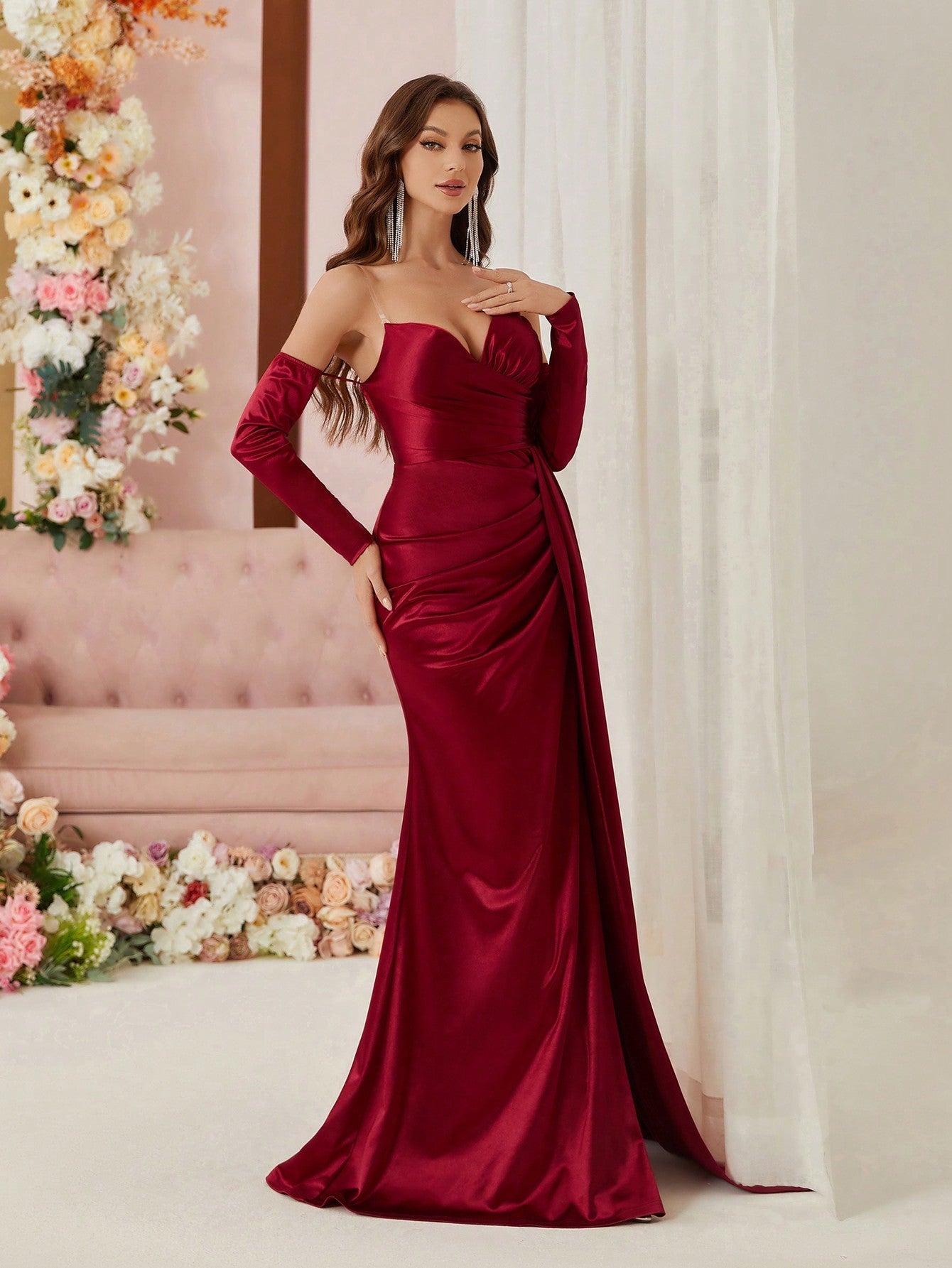 Belle Off Shoulder Fish Tail High Slit Side Ruffle Draped Floor Length Evening Dress