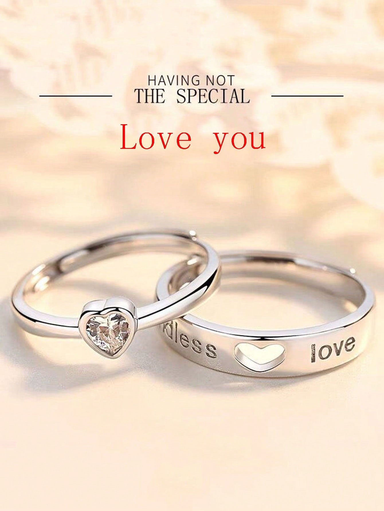 2PCS A Love You Couple Ring Men And Women Hollow Love Crystal Ring Long-Distance Love Gift Opening Ring