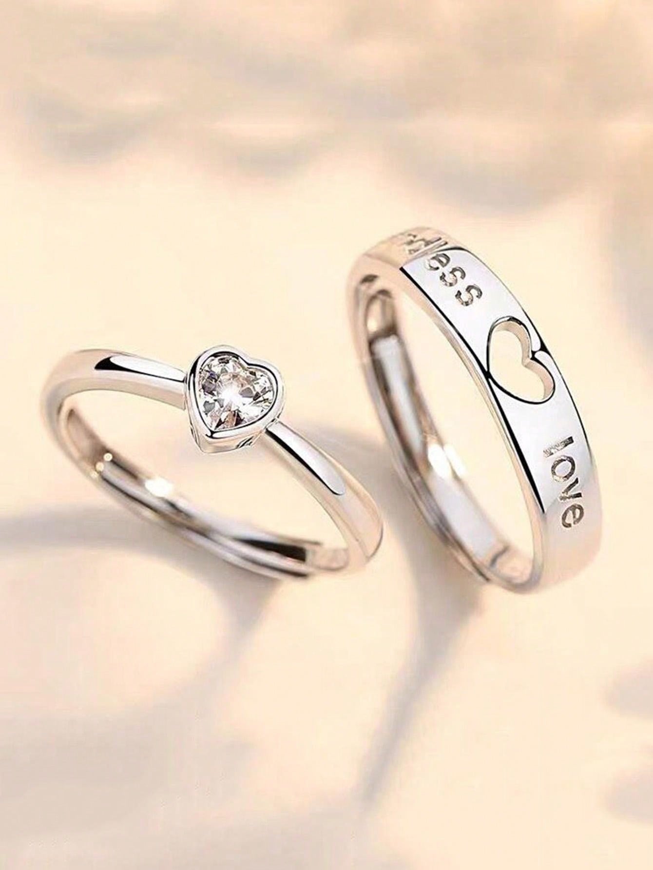 2PCS A Love You Couple Ring Men And Women Hollow Love Crystal Ring Long-Distance Love Gift Opening Ring