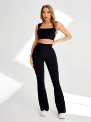 Solid Cropped Tank Top And Flared Leggings Athletic Set