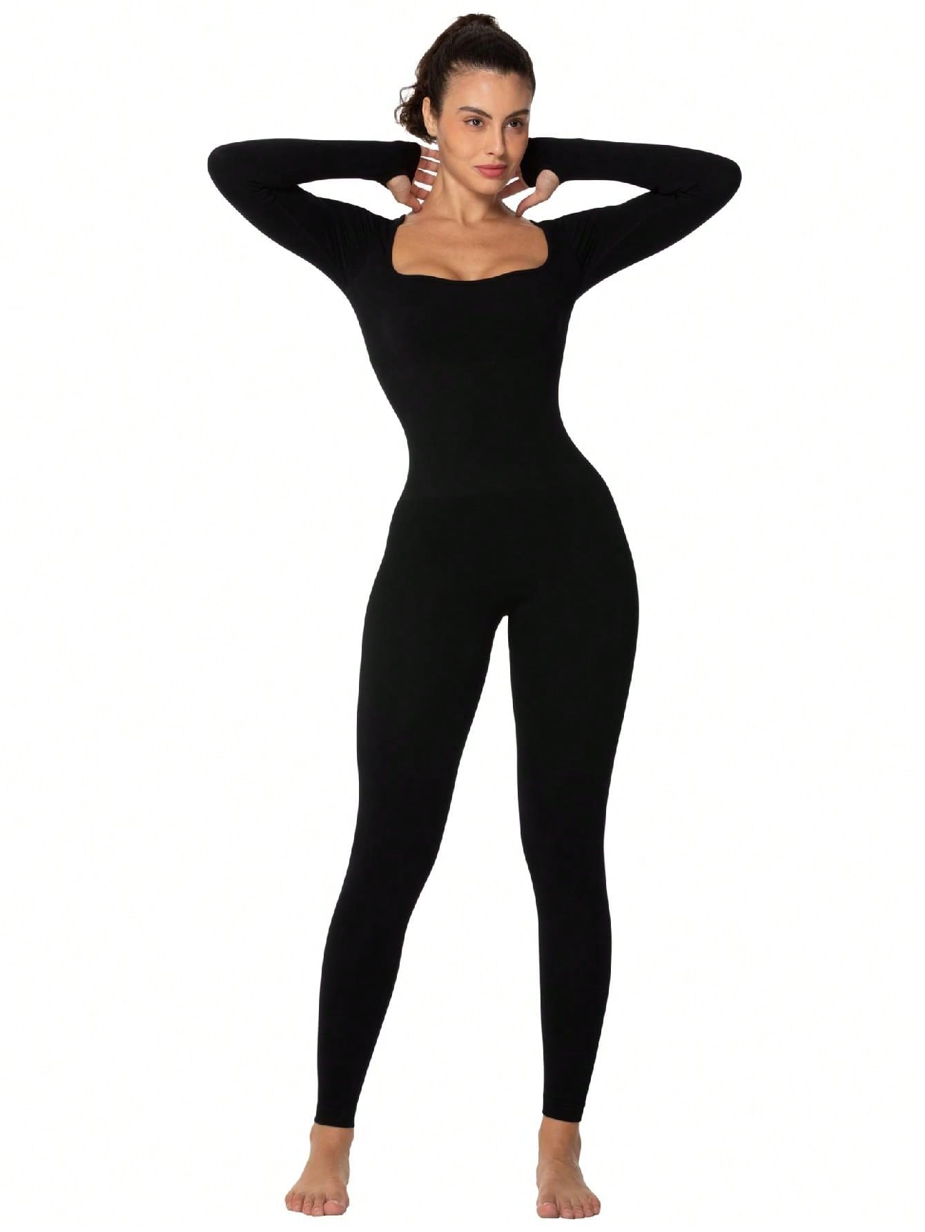 Long Sleeve Bodysuits One Piece Jumpsuit For Women With Square Neck And Butt Scrunch Leggings Seamless Ribbed Rompers