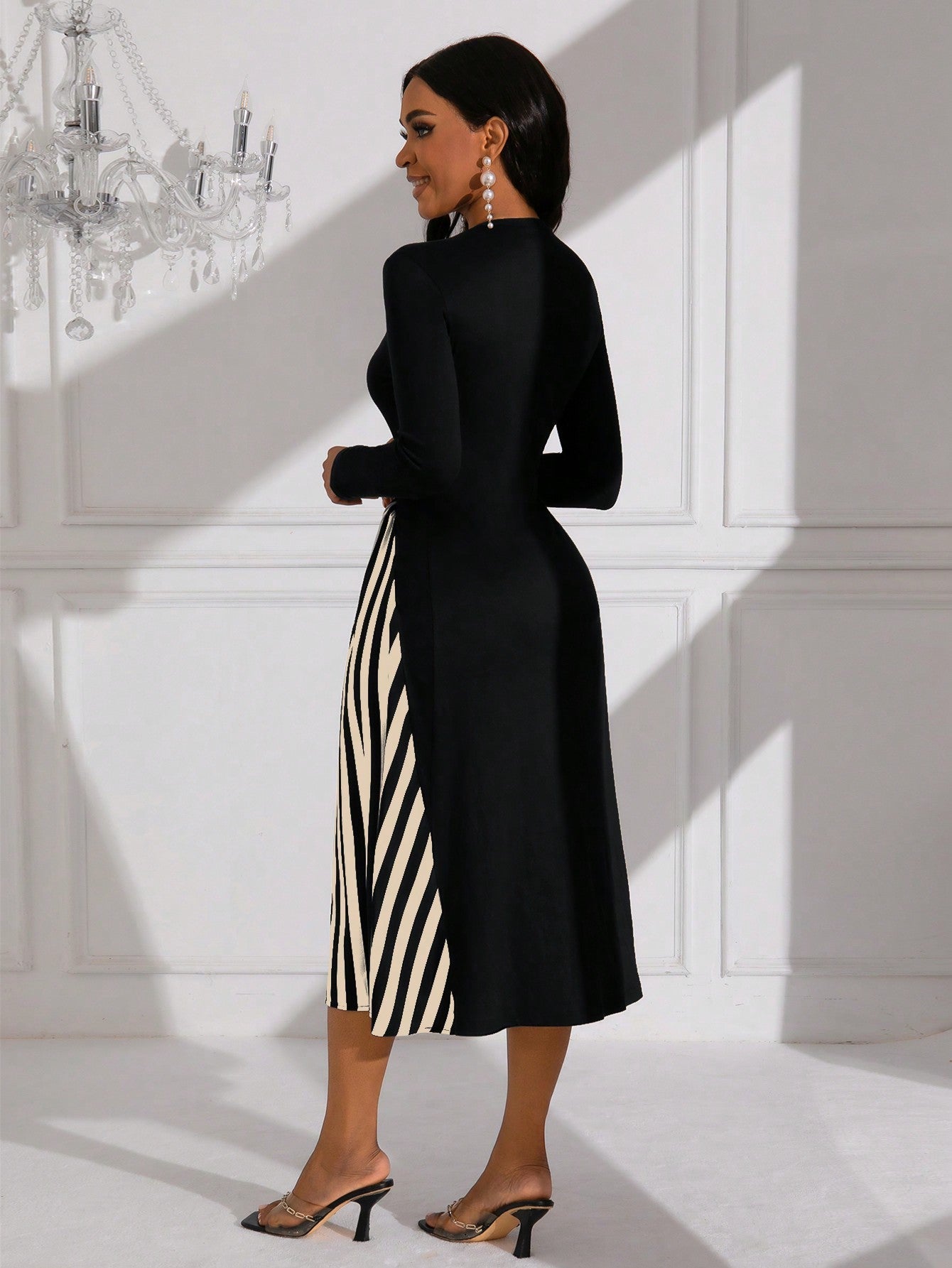 Lady Striped Pattern Long Sleeve Belted Dress (Belt Not Included)