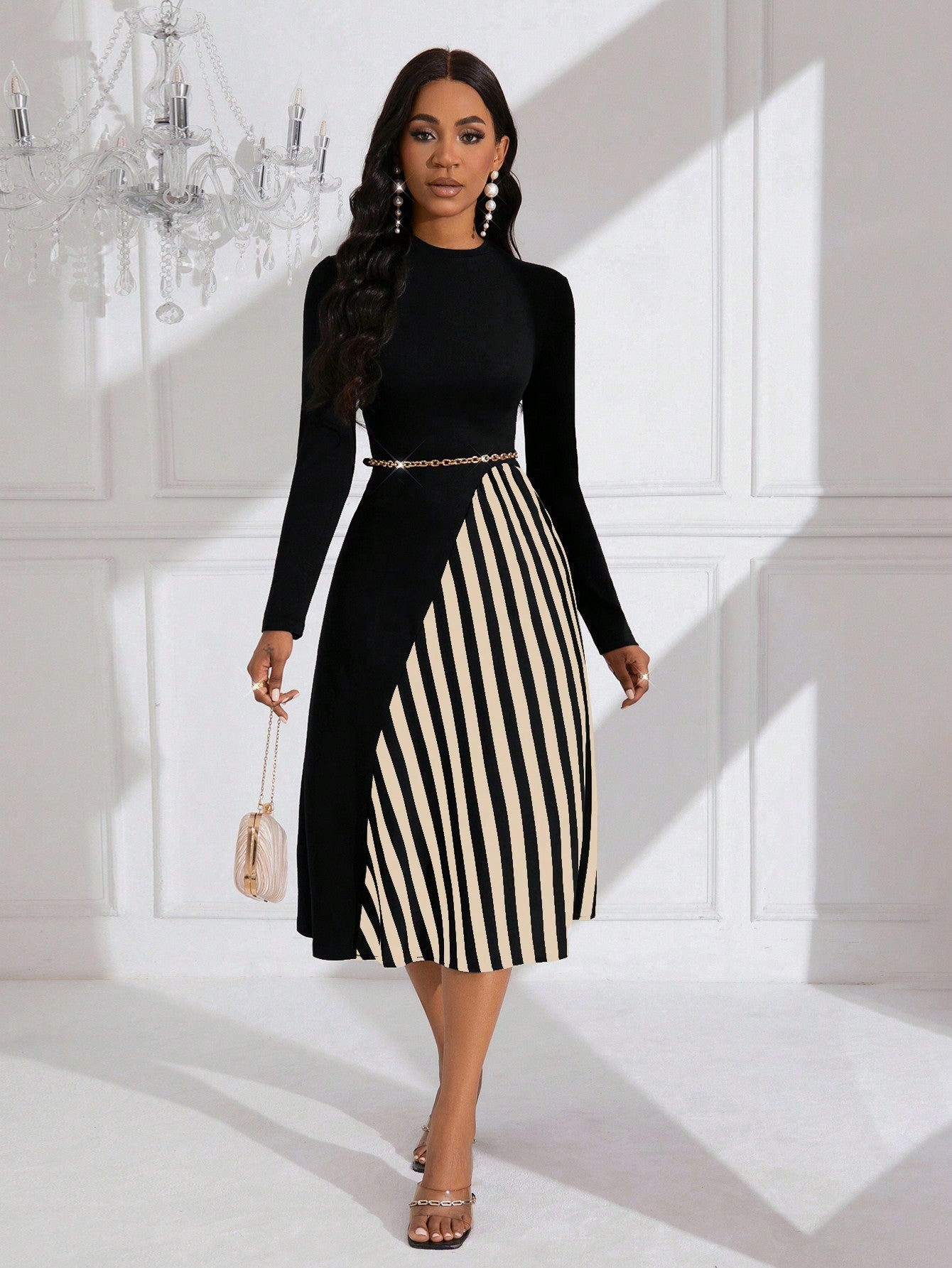 Lady Striped Pattern Long Sleeve Belted Dress (Belt Not Included)