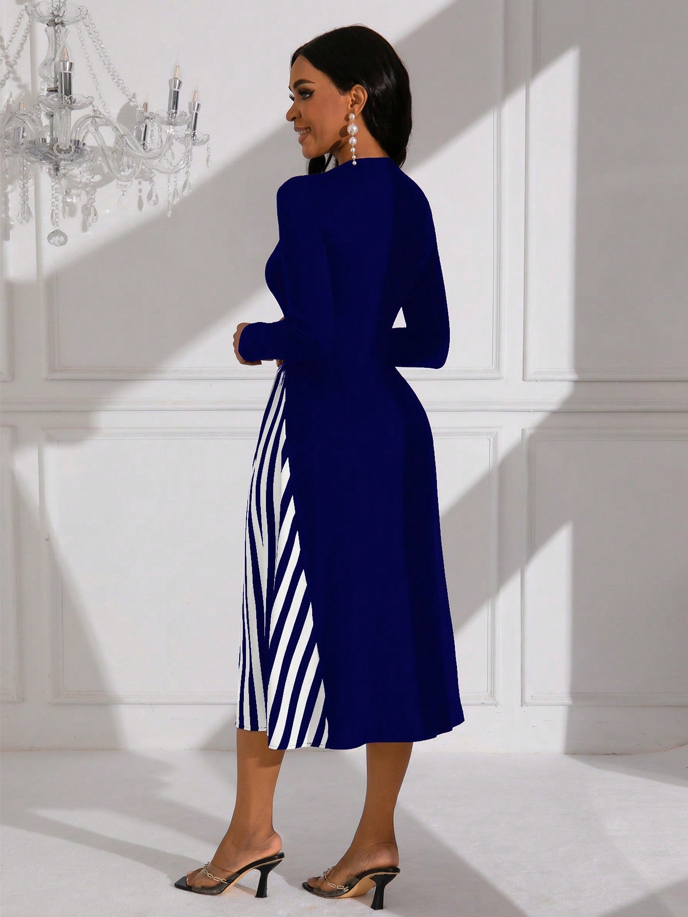 Lady Striped Pattern Long Sleeve Belted Dress (Belt Not Included)