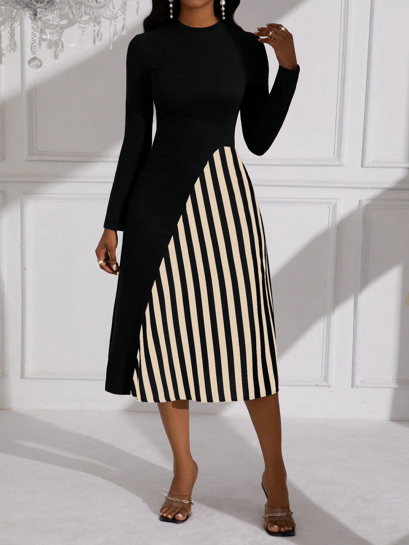 Lady Striped Pattern Long Sleeve Belted Dress (Belt Not Included)