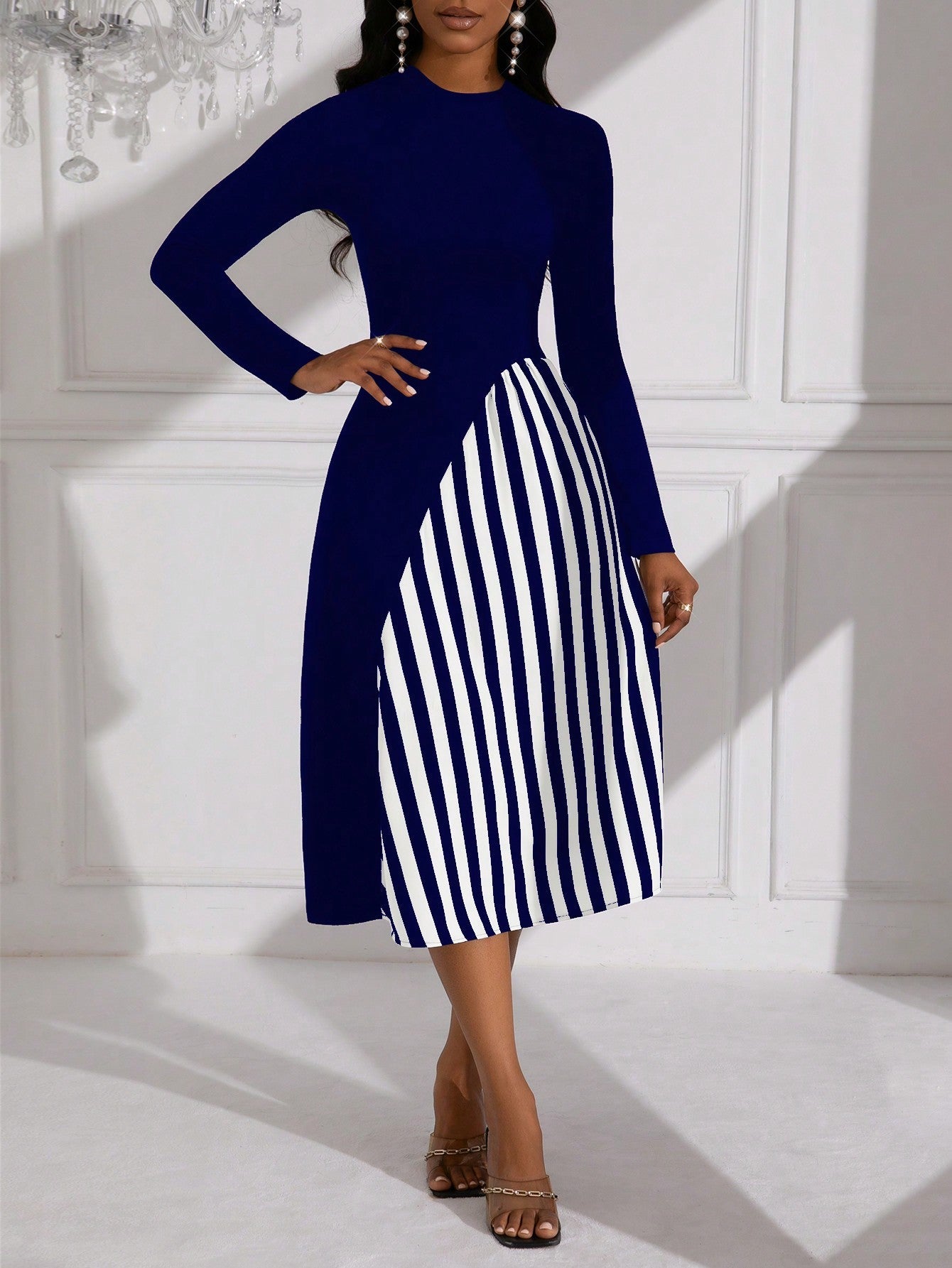 Lady Striped Pattern Long Sleeve Belted Dress (Belt Not Included)