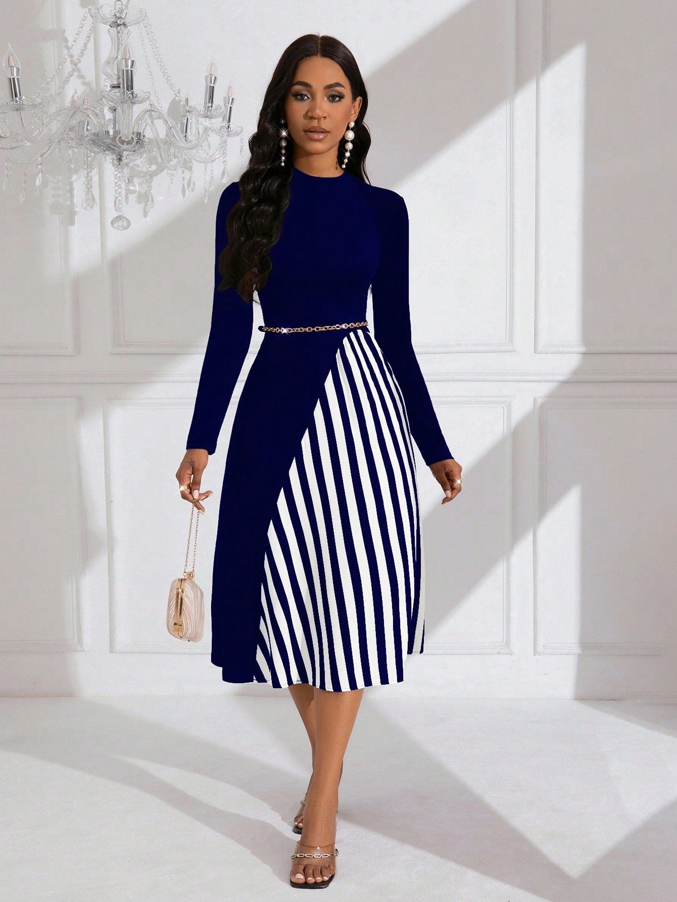 Lady Striped Pattern Long Sleeve Belted Dress (Belt Not Included)