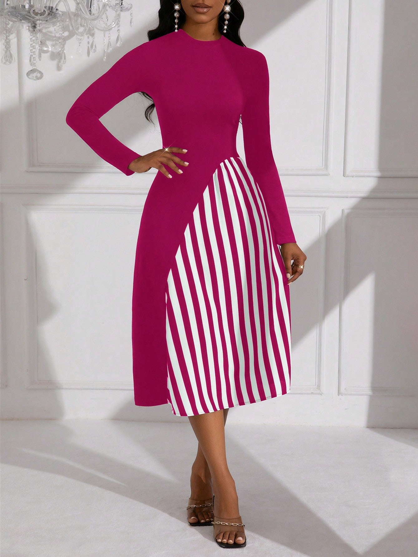 Lady Striped Pattern Long Sleeve Belted Dress (Belt Not Included)