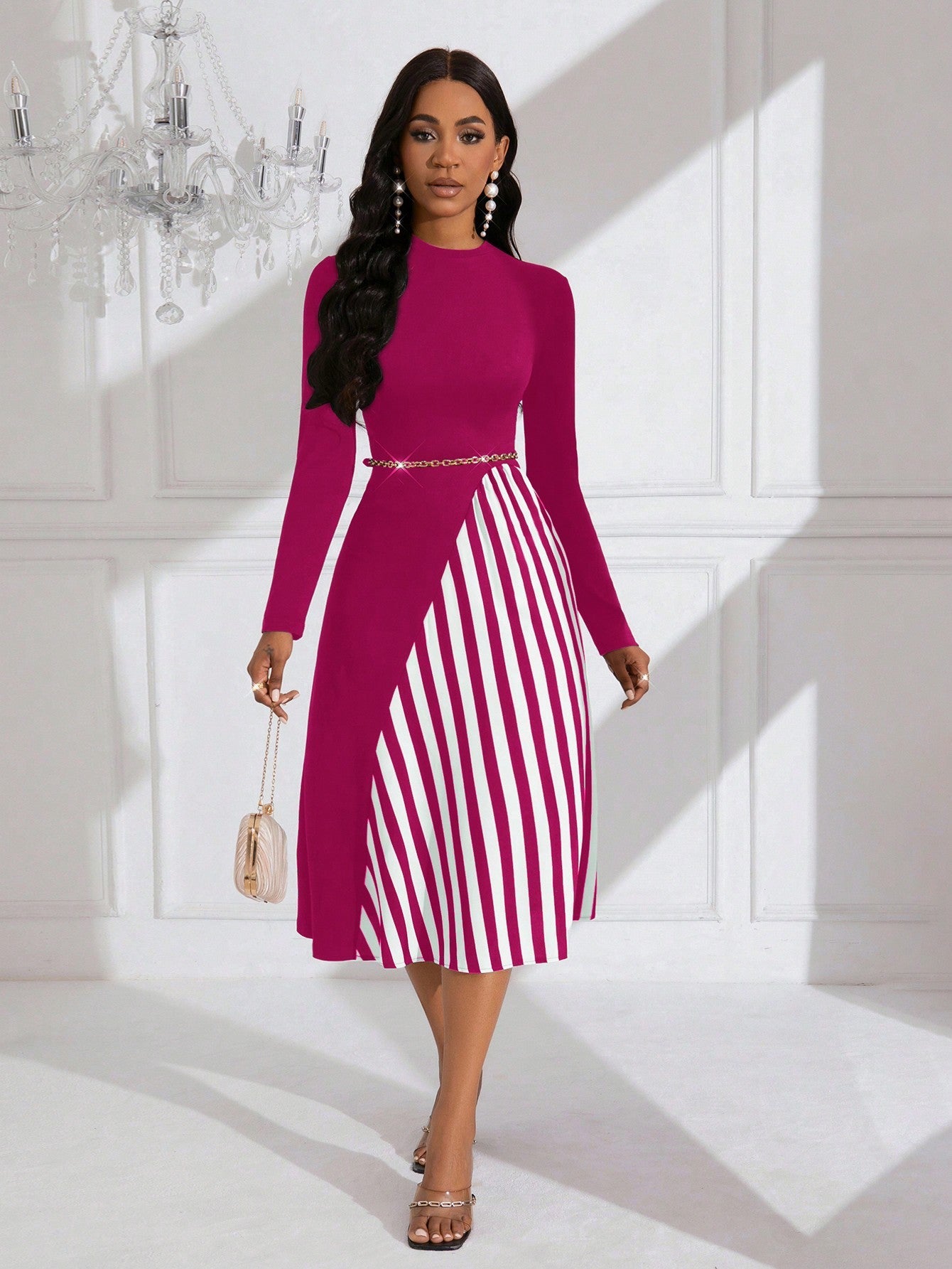 Lady Striped Pattern Long Sleeve Belted Dress (Belt Not Included)