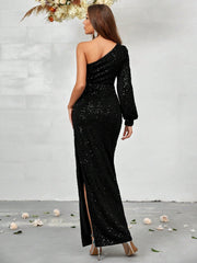 Belle One Shoulder Lantern Long Sleeve Sequin Dress