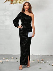 Belle One Shoulder Lantern Long Sleeve Sequin Dress