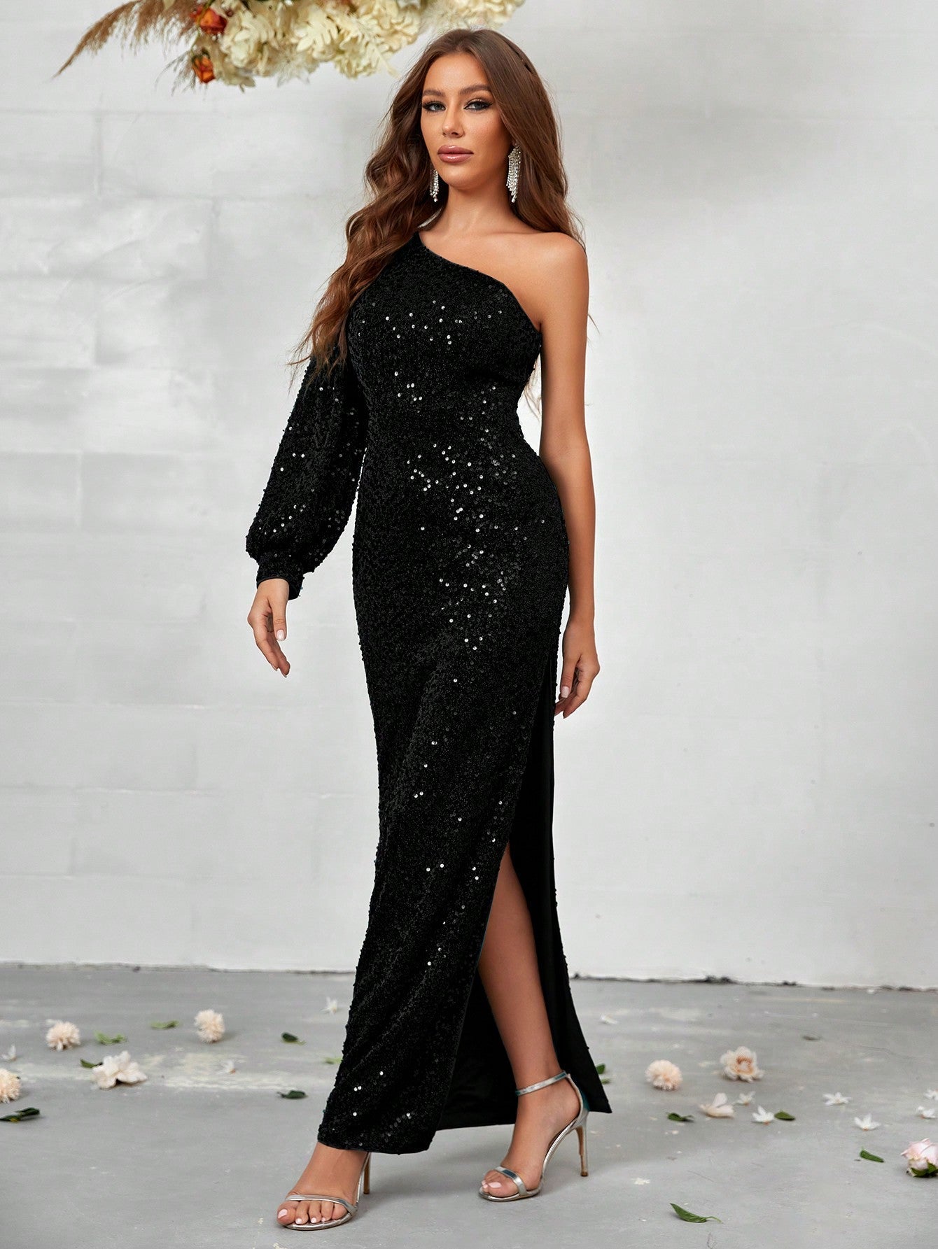 Belle One Shoulder Lantern Long Sleeve Sequin Dress