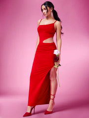 BAE Valentine's Day Dress - Red Knit Side Split Bodycon Slip Dress With Cutout Waist & Side Straps