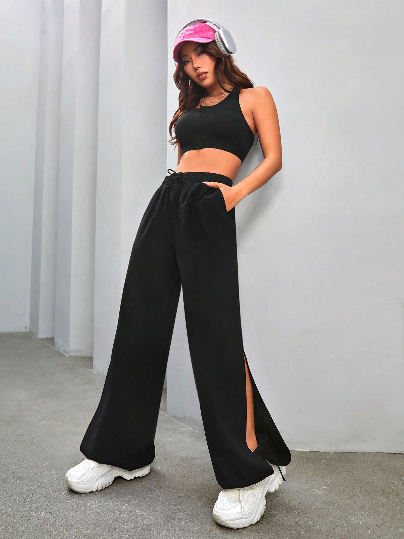 Daily&Casual Solid Color Side Slit Lace-Up Sweatpants