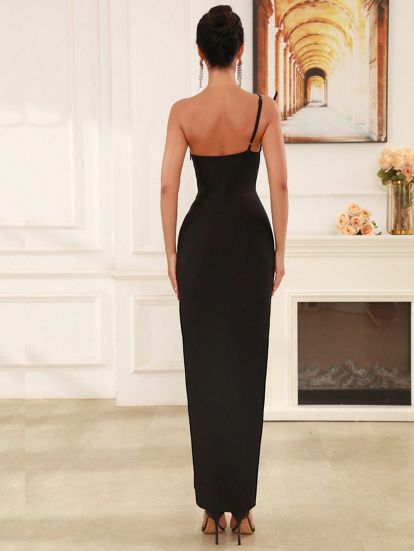 Sexy Fashion One Shoulder Bandage Floor Length Evening Party Dress