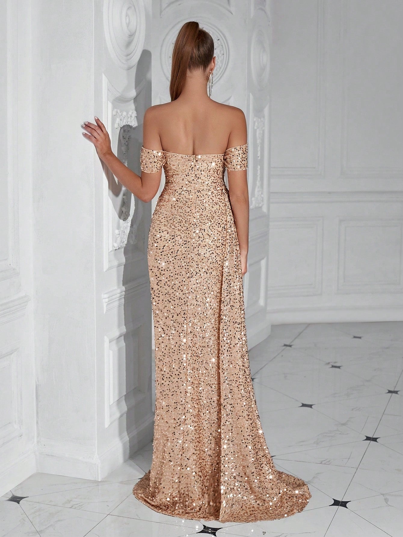 ADYCE Off Shoulder High Slit Sequin Party Evening Dress