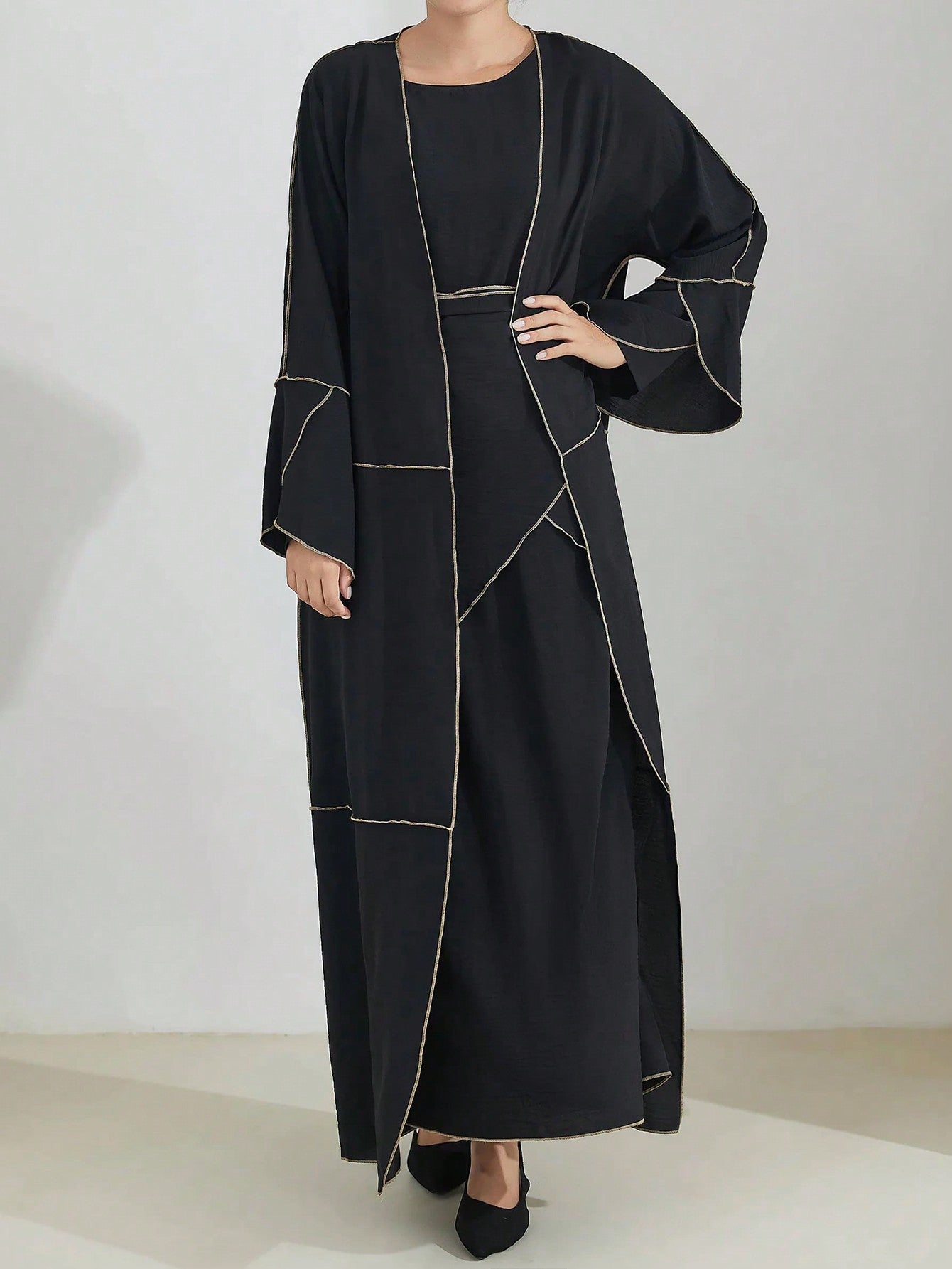 4pcs/Set Abaya Set Including Scarf, Robe, Long-Sleeved Liner, And Apron. Perfect For Elegant And Humble Daily Outfit With Sun-Resistant, Breathable And Cool Patchwork Cardigan And Turban.