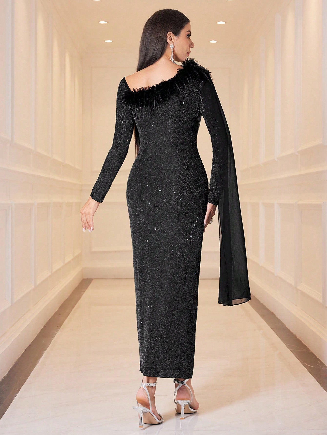 Modely Long Sleeve Glitter Dress With Fuzzy Embellishment