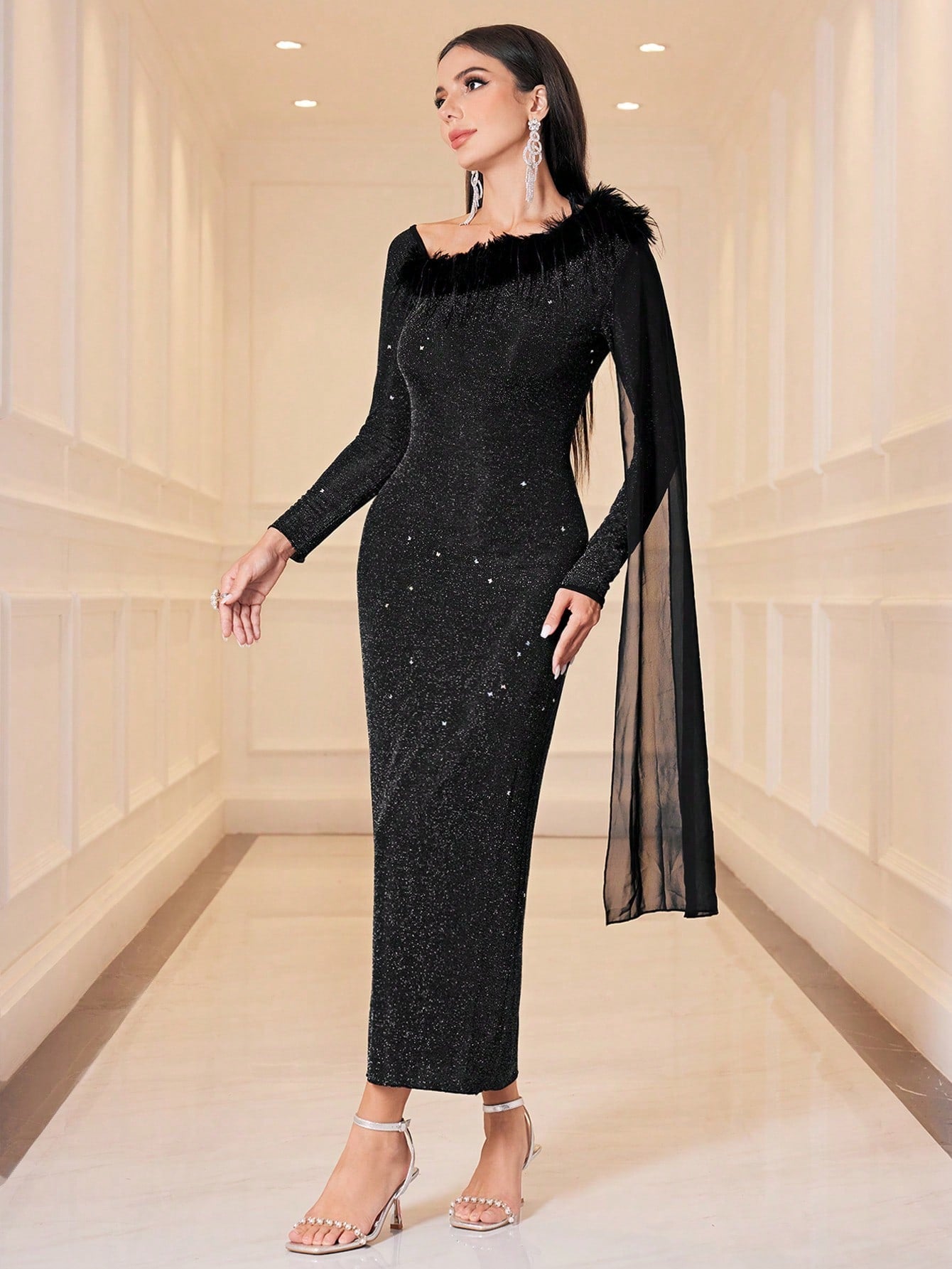 Modely Long Sleeve Glitter Dress With Fuzzy Embellishment