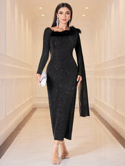 Modely Long Sleeve Glitter Dress With Fuzzy Embellishment