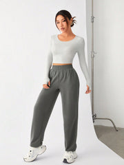 Daily&Casual Long Sleeve Crop Top And Elastic Waist Long Pants Sports Outfit