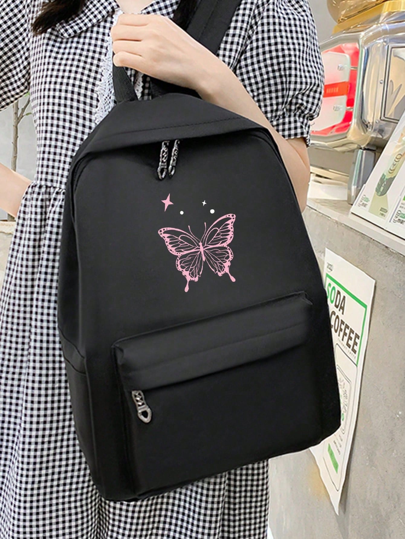 4 Pcs/Set Pink Butterfly Print Functional Simple Backpack Set School Bag Set, Fashion Backpack, Large Capacity Shoulder Bag, Portable Pencil Bag, Coin Purse, College Style Y2k Casual Style, Suitable For College Students, Teenage Girls, Freshmen, Sophomore