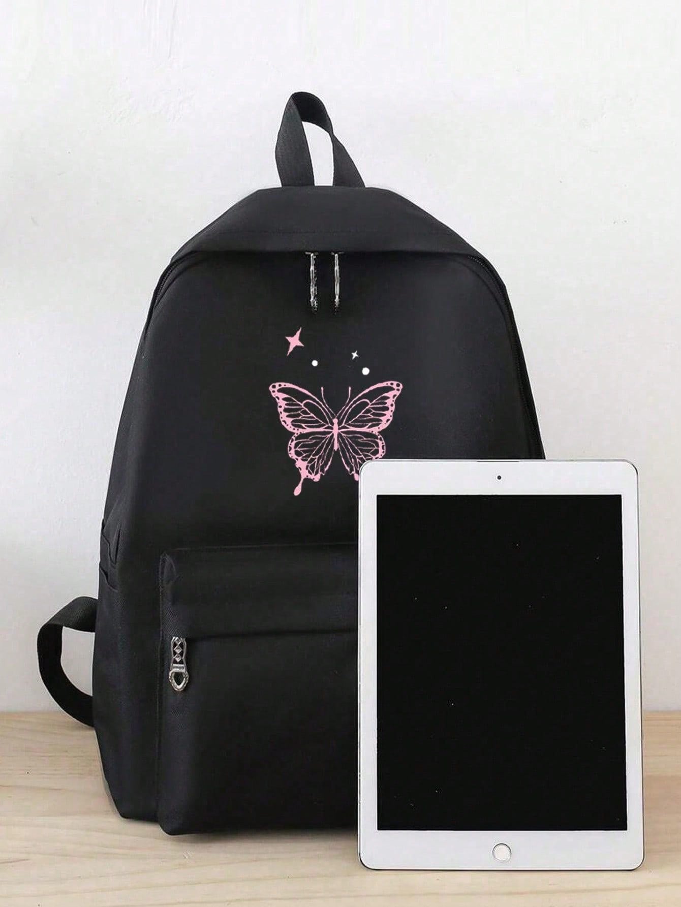 4 Pcs/Set Pink Butterfly Print Functional Simple Backpack Set School Bag Set, Fashion Backpack, Large Capacity Shoulder Bag, Portable Pencil Bag, Coin Purse, College Style Y2k Casual Style, Suitable For College Students, Teenage Girls, Freshmen, Sophomore