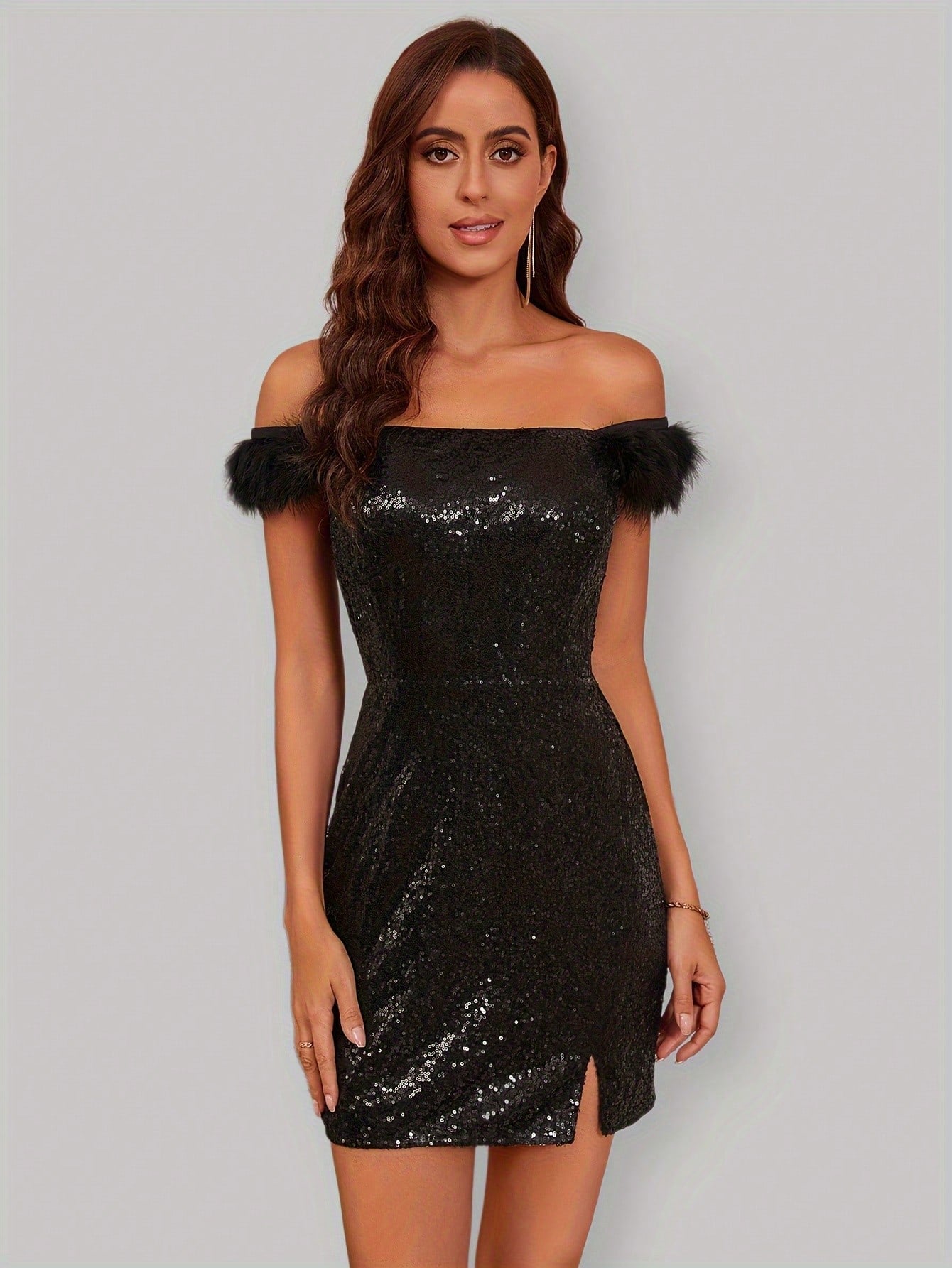 Off Shoulder Fuzzy Modifying Split Hem Sparkly Evening Dress