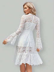 Formal Party Dress With Lace & Mesh Patchwork And Flared Sleeves