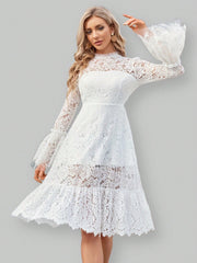 Formal Party Dress With Lace & Mesh Patchwork And Flared Sleeves