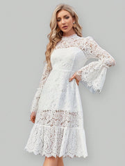 Formal Party Dress With Lace & Mesh Patchwork And Flared Sleeves