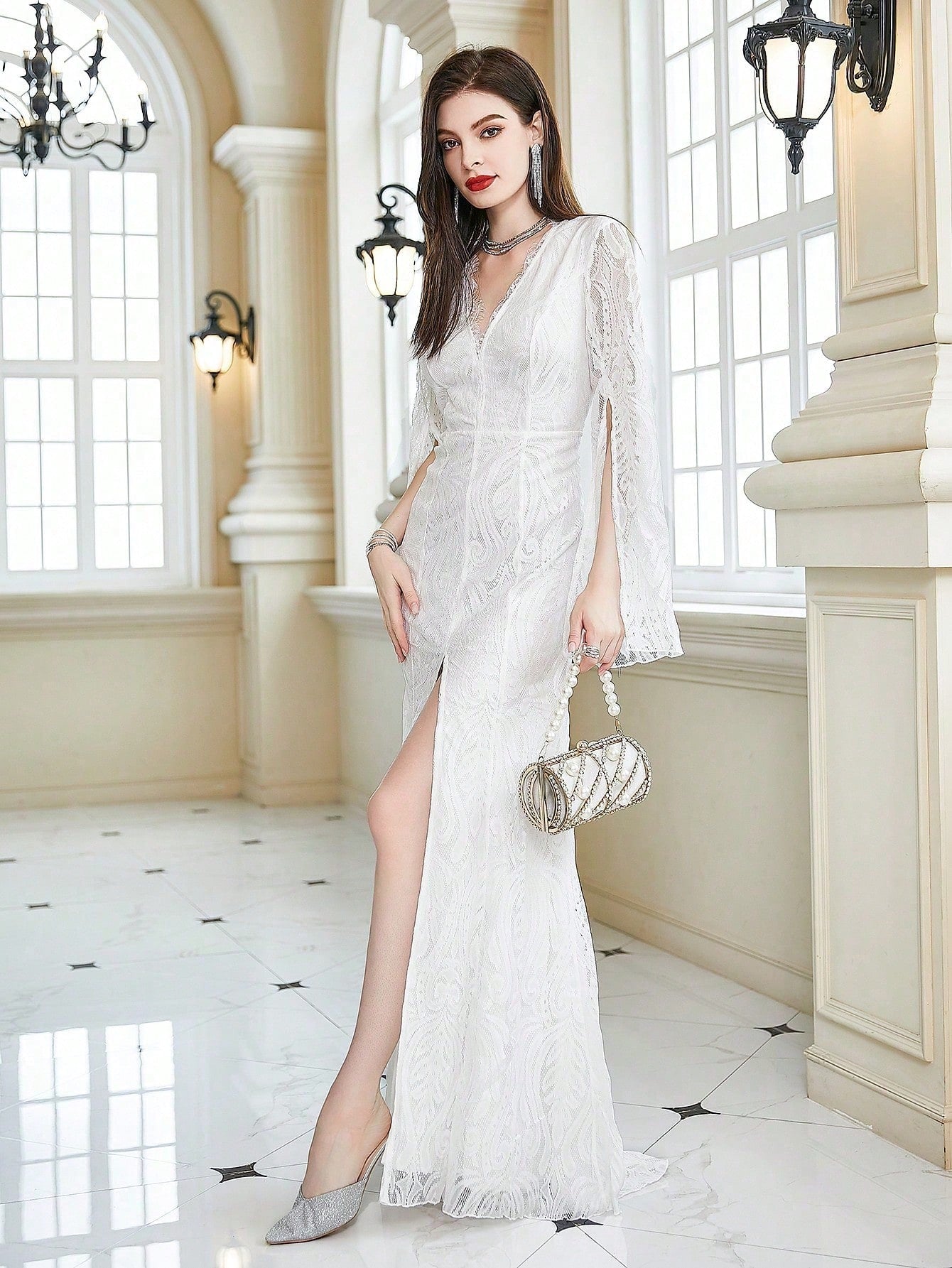 White Lace Wedding Dress With V-Neck And Slit